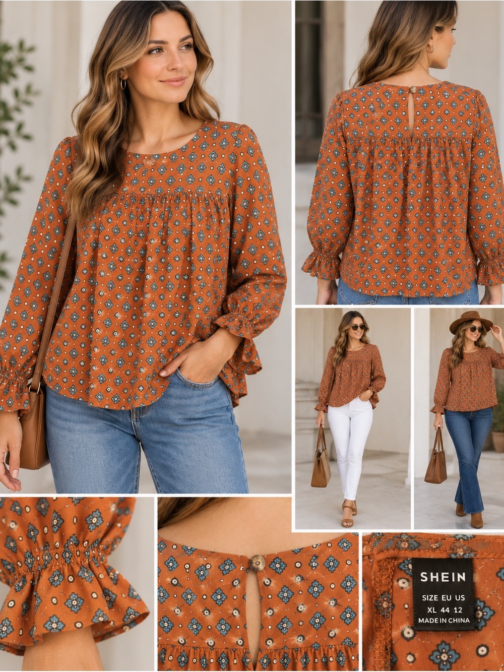 SHEIN Rust Floral Print Long Sleeve Peasant Blouse